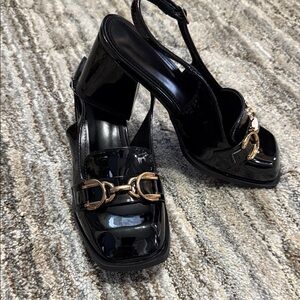 Black Patent Leather Women's Square Toe Block Heels